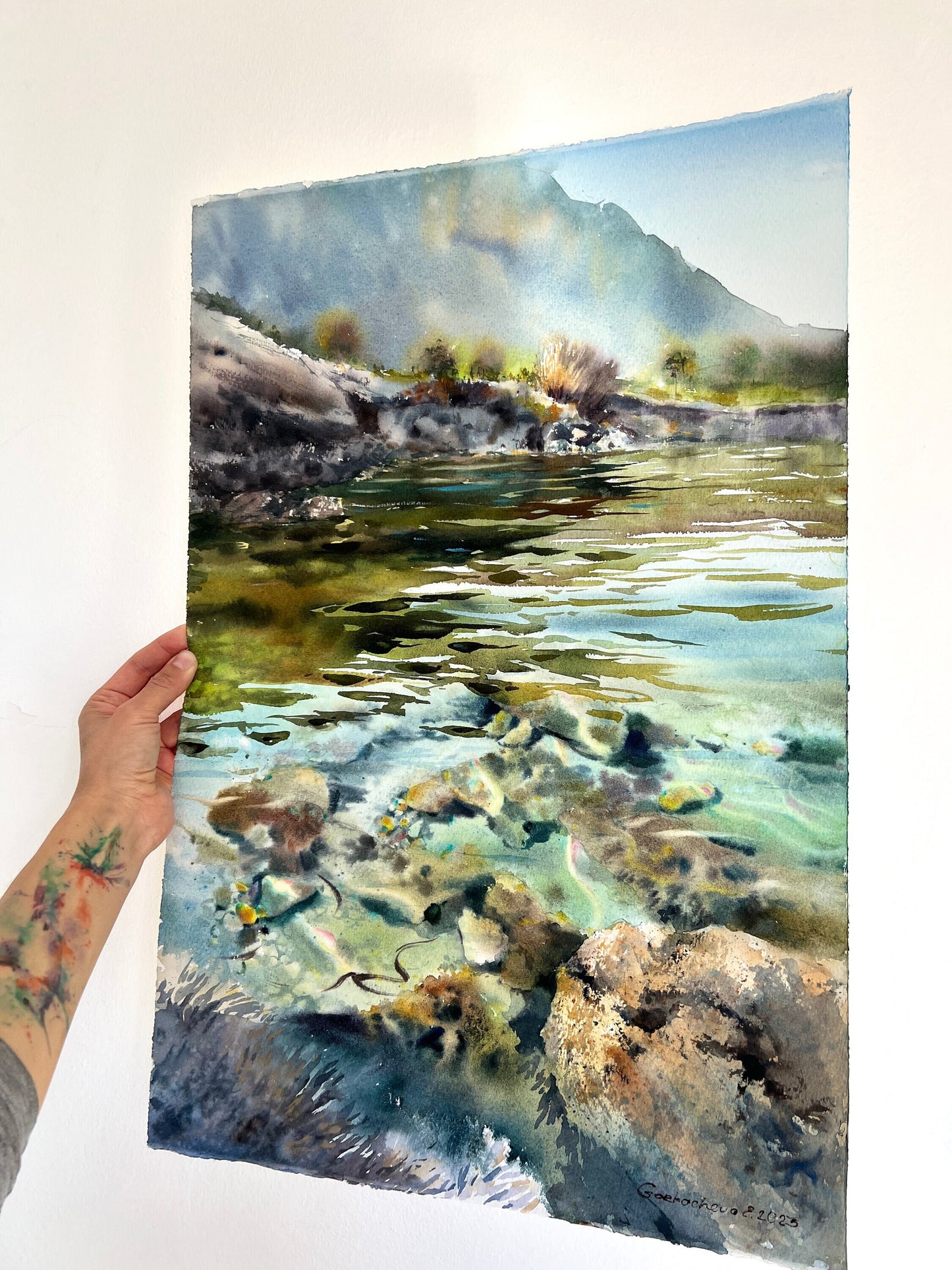 Nature Watercolor Painting Original, Modern landscape, Mountain River Art, Clear Water, Living room Wall Decor, Green