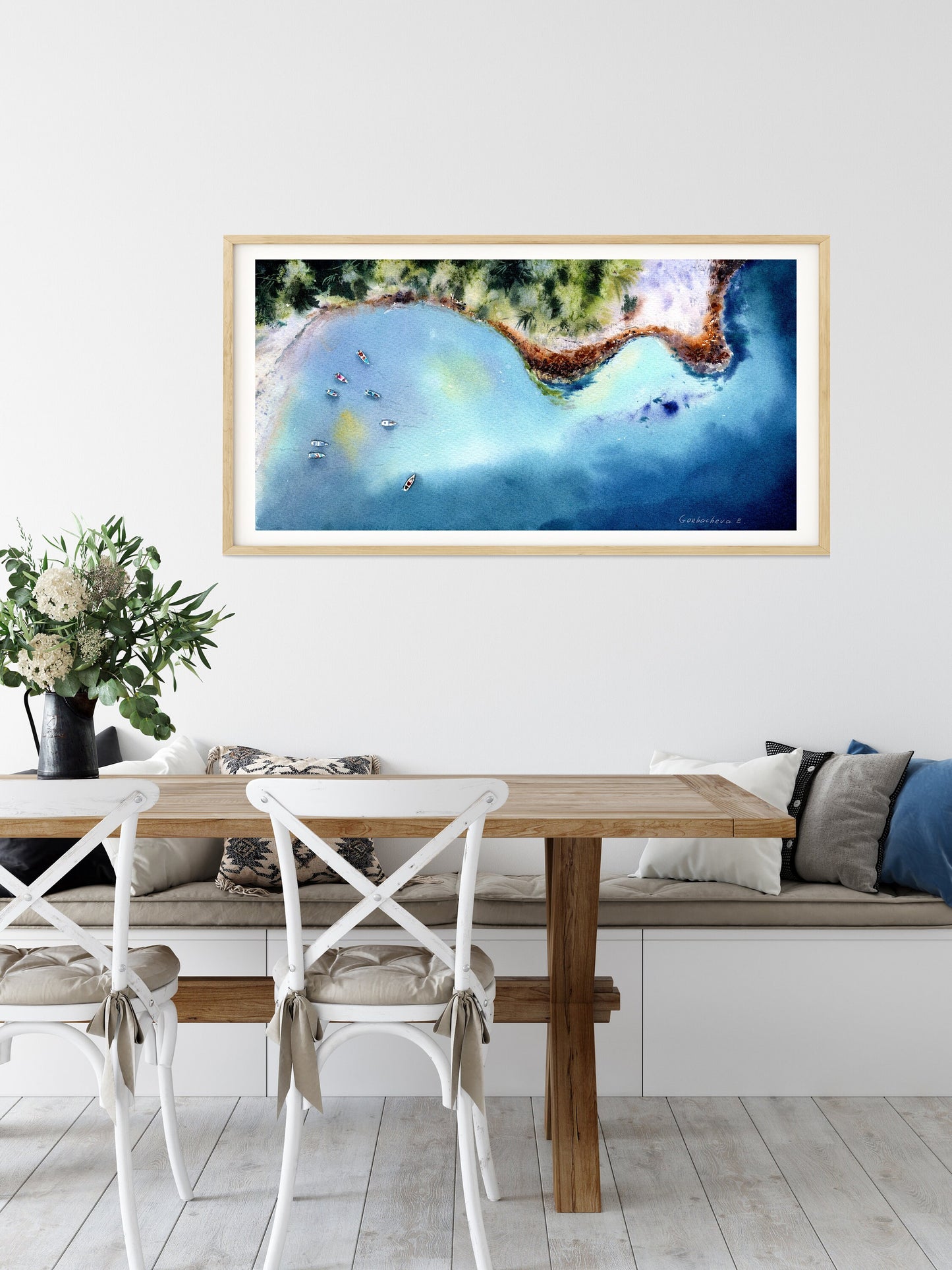 Beach Art Print, Coastal Panorama Painting, Panoramic Seascape Art, Coastline, Wall Decor Above a Bed