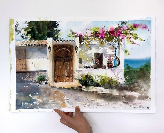 Greece Original Watercolor Painting, Greek Coastal City Artwork, Coast Village, Green Door Wall Art, Travel Gift for Her