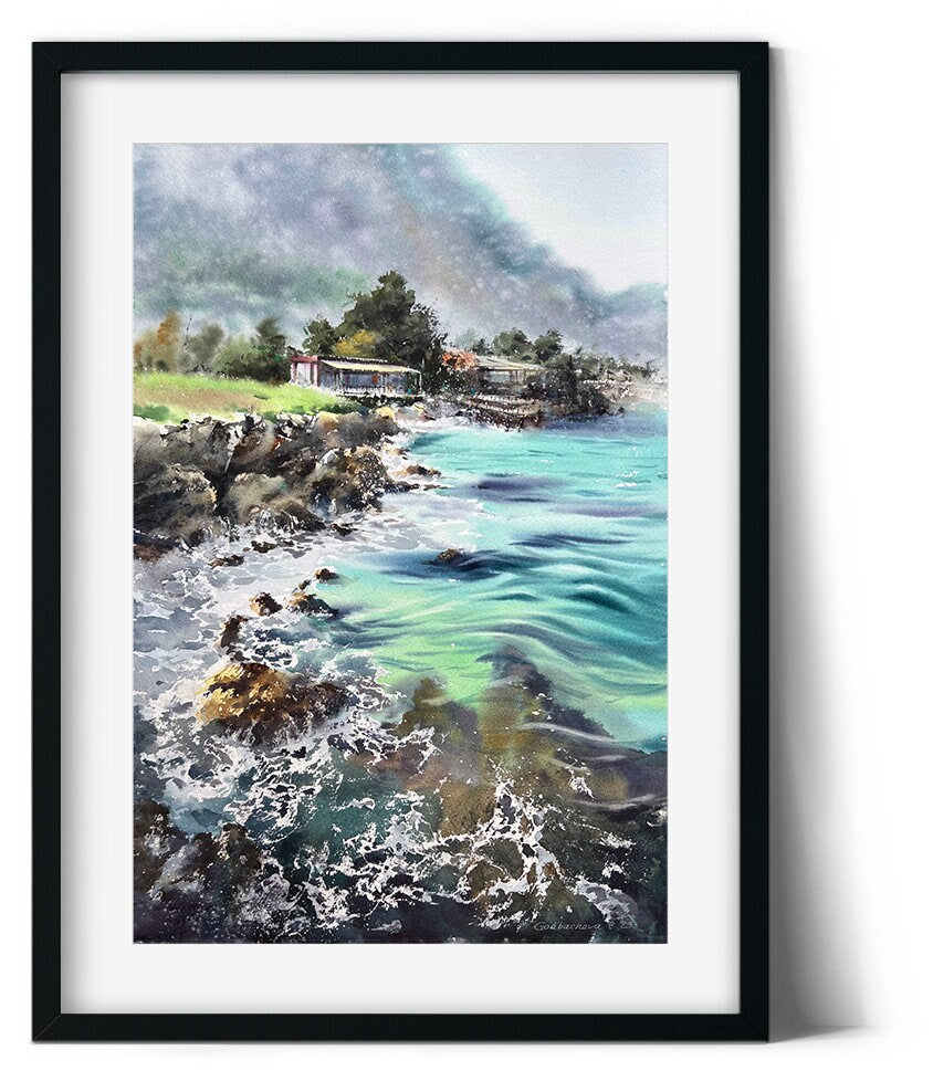 Sea Shore Painting Original Watercolor, Modern Seascape, Cyprus Coast Art, Clear Water, Wave Living room Wall Decor