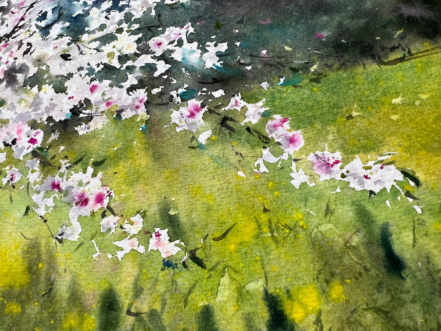Spring Landscape Painting, Original Watercolor Artwork, Flowering Tree, Blooming Flower, Flora Art Decor, Green Meadow