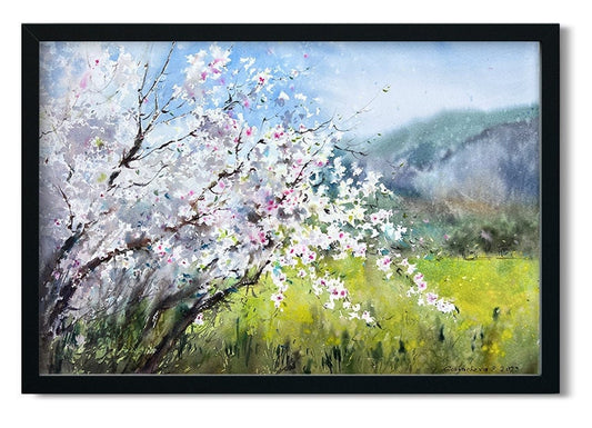 Spring Landscape Painting, Original Watercolor Artwork, Flowering Tree, Blooming Flower, Flora Art Decor, Green Meadow