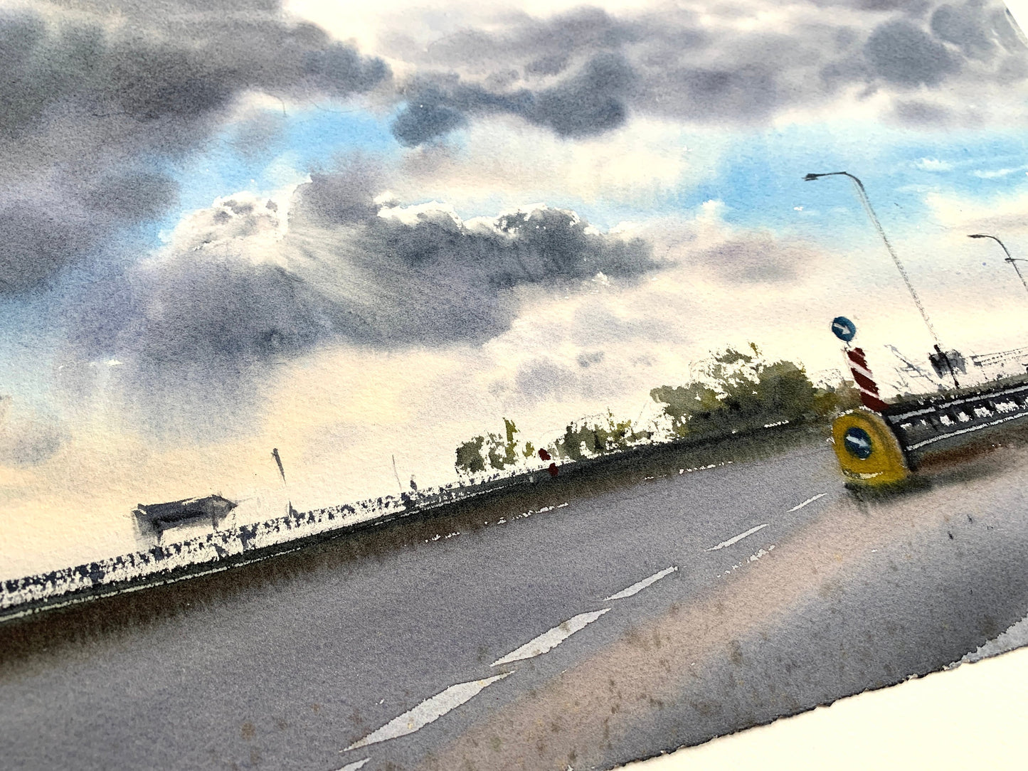 Landscape Original Watercolor Painting, Road Traffic, Summer Cloud Highway, Way Wall Decor, Colorful Impressionist Art