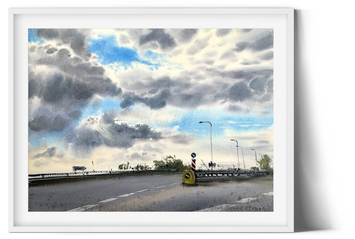 Landscape Original Watercolor Painting, Road Traffic, Summer Cloud Highway, Way Wall Decor, Colorful Impressionist Art
