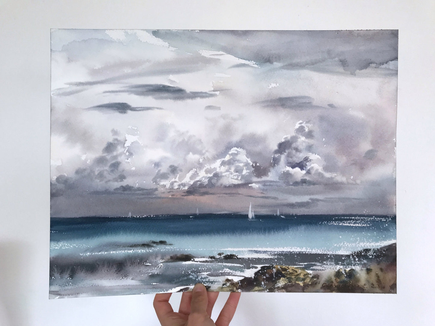 Original Seascape Watercolor Painting, Yacht Art and Clouds - Perfect Coastal Room Wall Decor and Gift for Sea Lovers